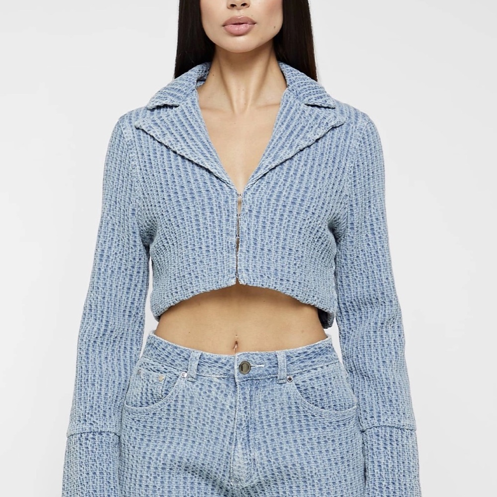 Textured Denim Blazer Jacket & Pants Set - Blue
